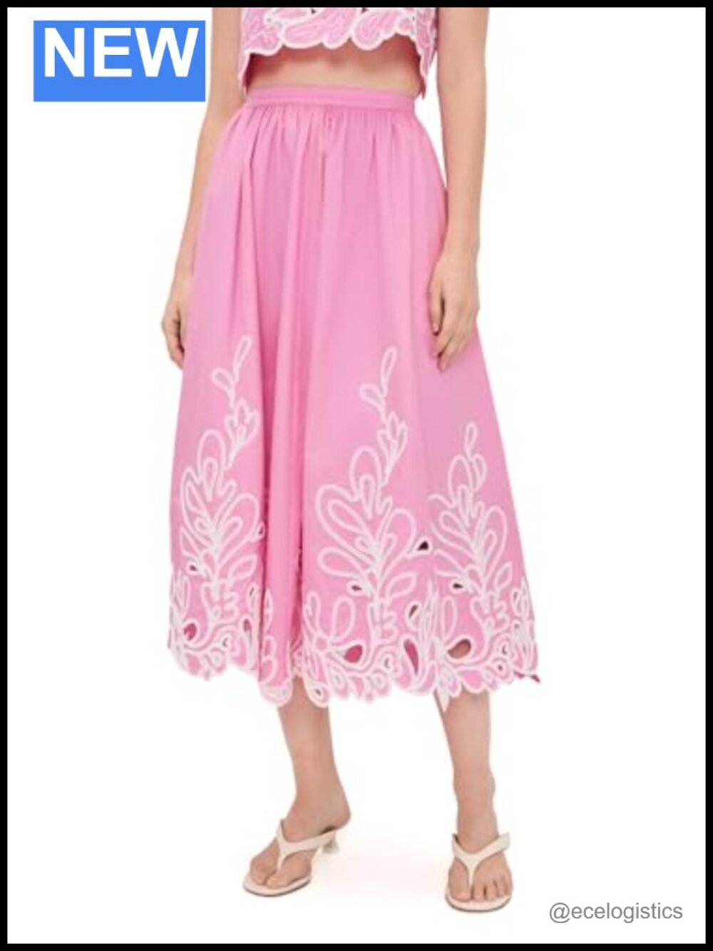 Embroidered Midi Skirt 100% Cotton High Rise Side Zip